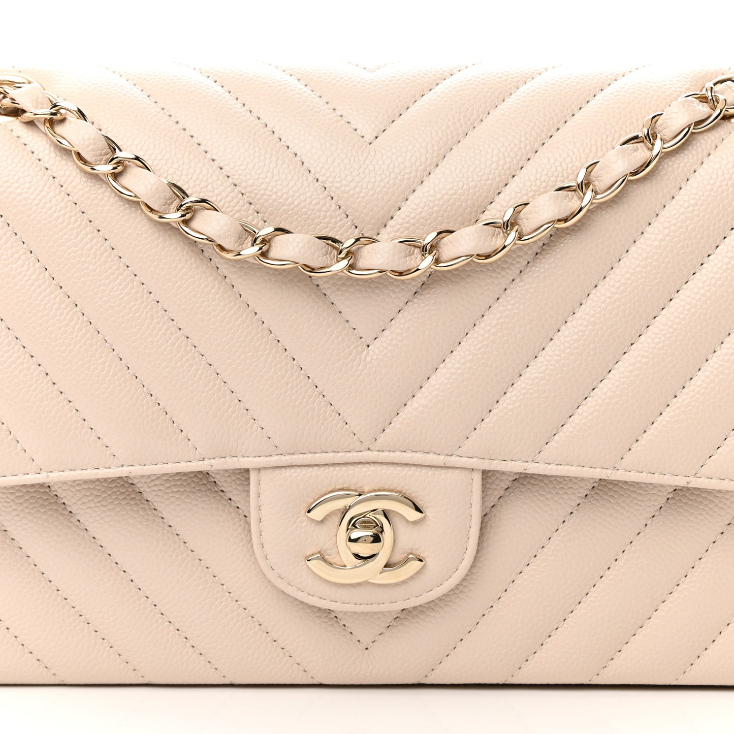 Caviar Chevron Quilted Medium Double Flap Beige