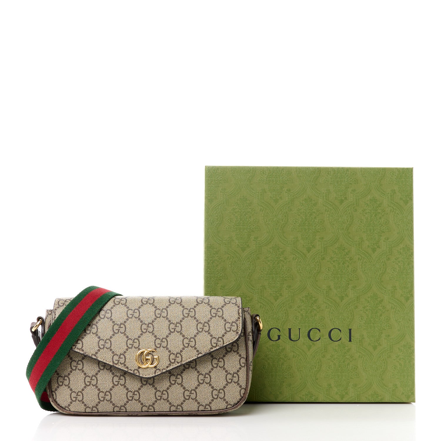Gucci GG Supreme Monogram Textured Dollar Calfskin Web Mini Ophidia Envelope Shoulder Bag Beige Ebony 11 of 11