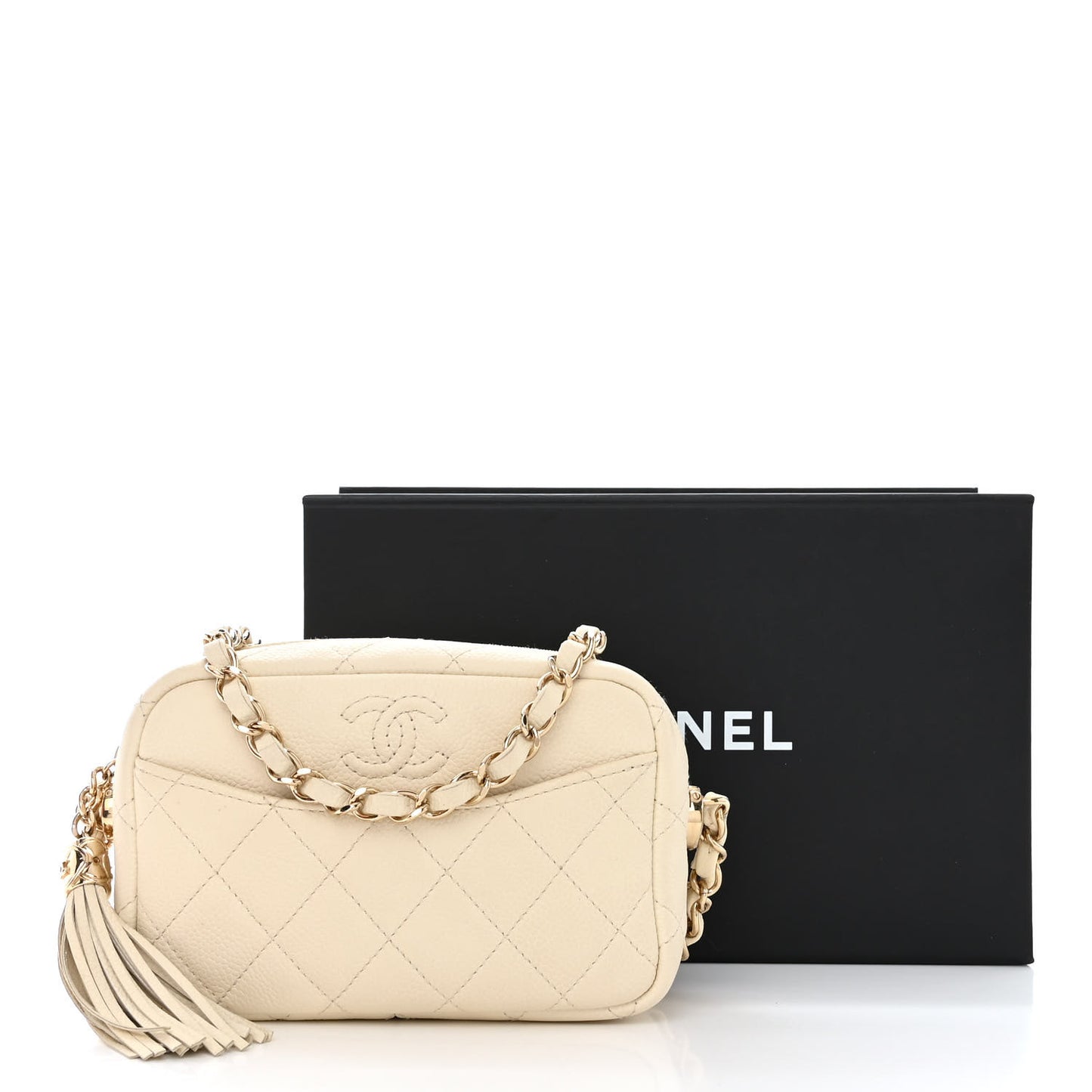 Caviar Quilted Mini Coco Tassel Camera Case White