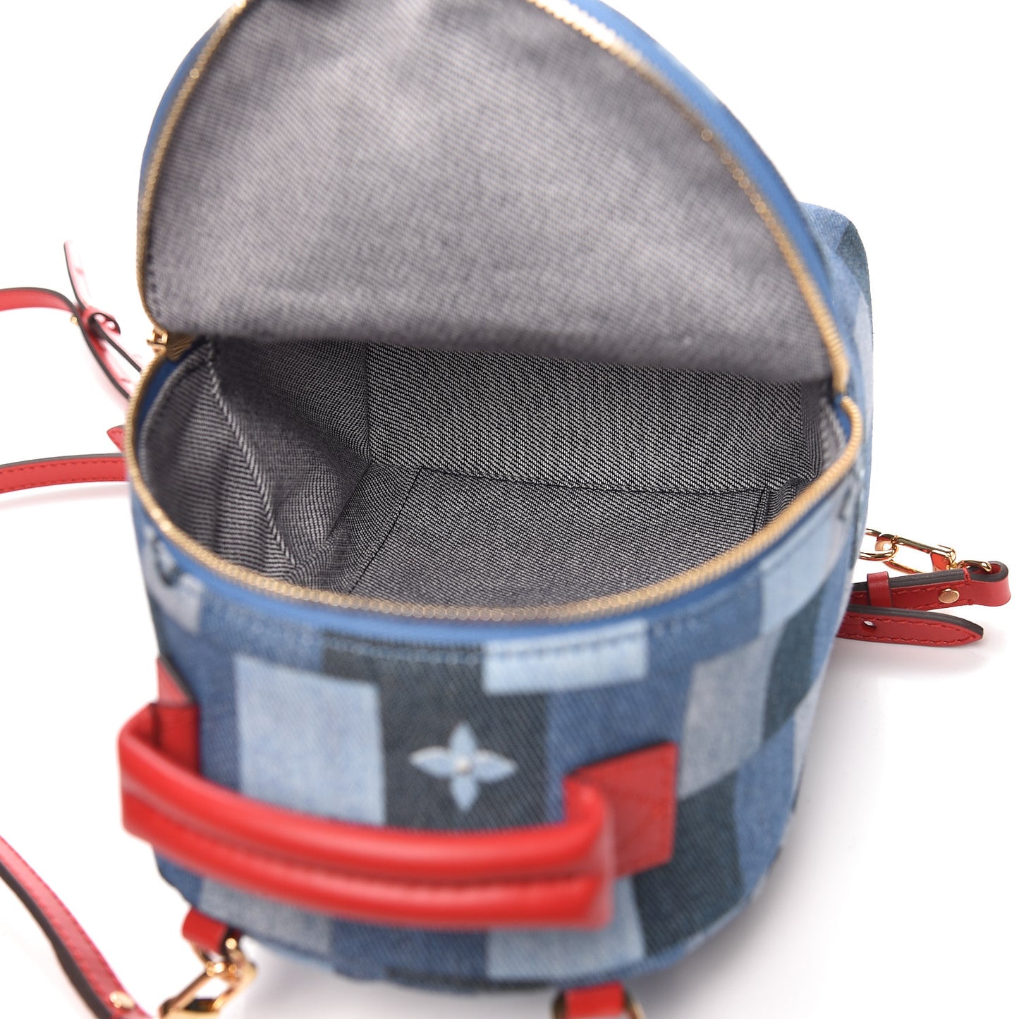 Denim Damier Monogram Patchwork Palm Springs Backpack Mini Blue Rouge