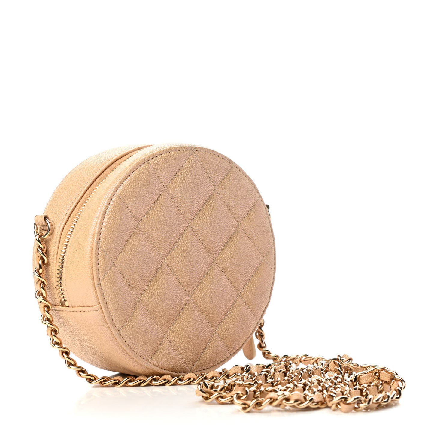 Iridescent Caviar Quilted Round Clutch With Chain Beige