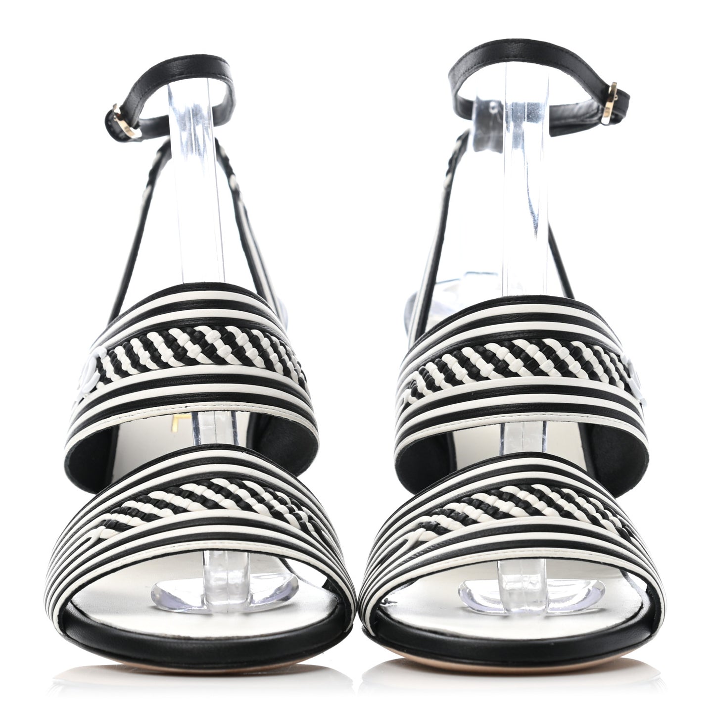Lambskin Braided Striped Sandals 37.5 Black White