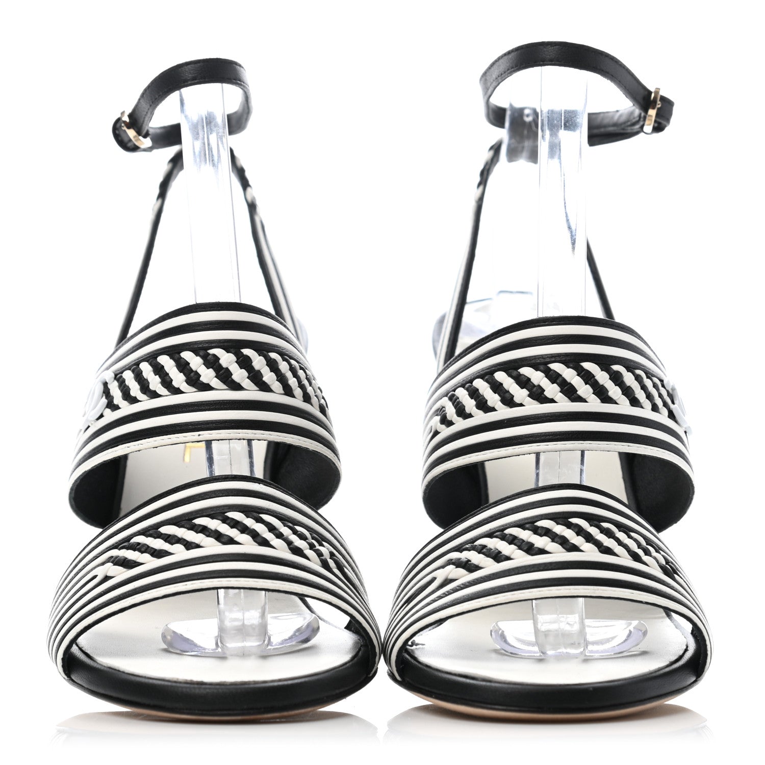 Chanel Lambskin Braided Striped Sandals 37.5 Black White 2 of 7