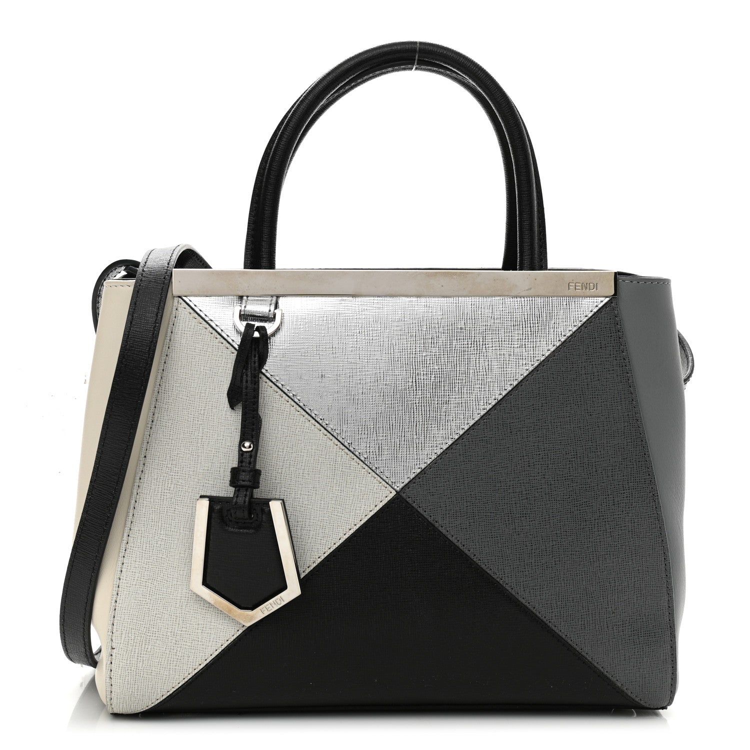 Fendi Vitello Elite Calfskin Colorblock Petite 2Jours Tote Black Multicolor White Argento 1 of 9