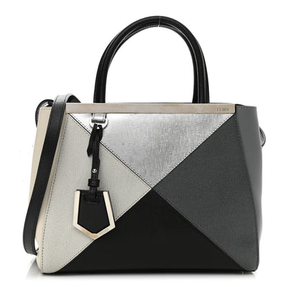 Fendi Vitello Elite Calfskin Colorblock Petite 2Jours Tote Black Multicolor White Argento 1 of 9