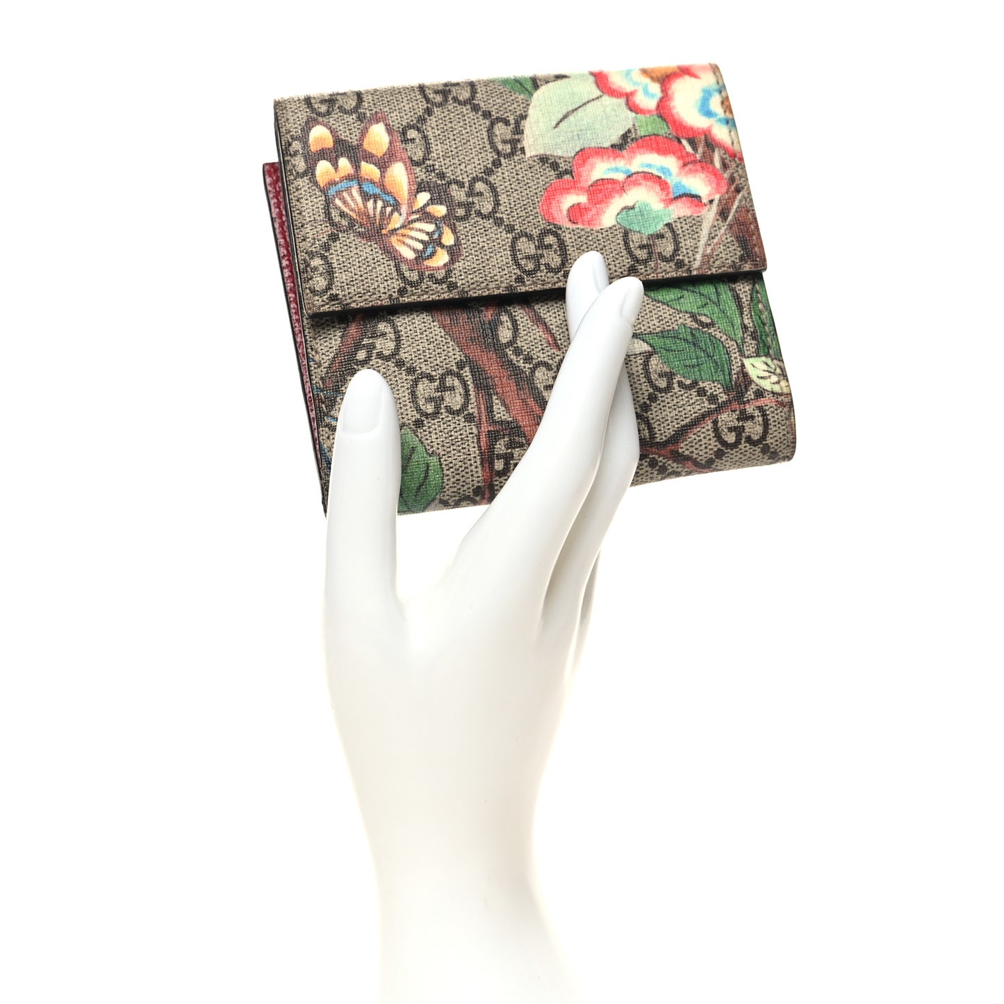 GG Supreme Monogram Tian French Flap Wallet Beige Multicolor Red