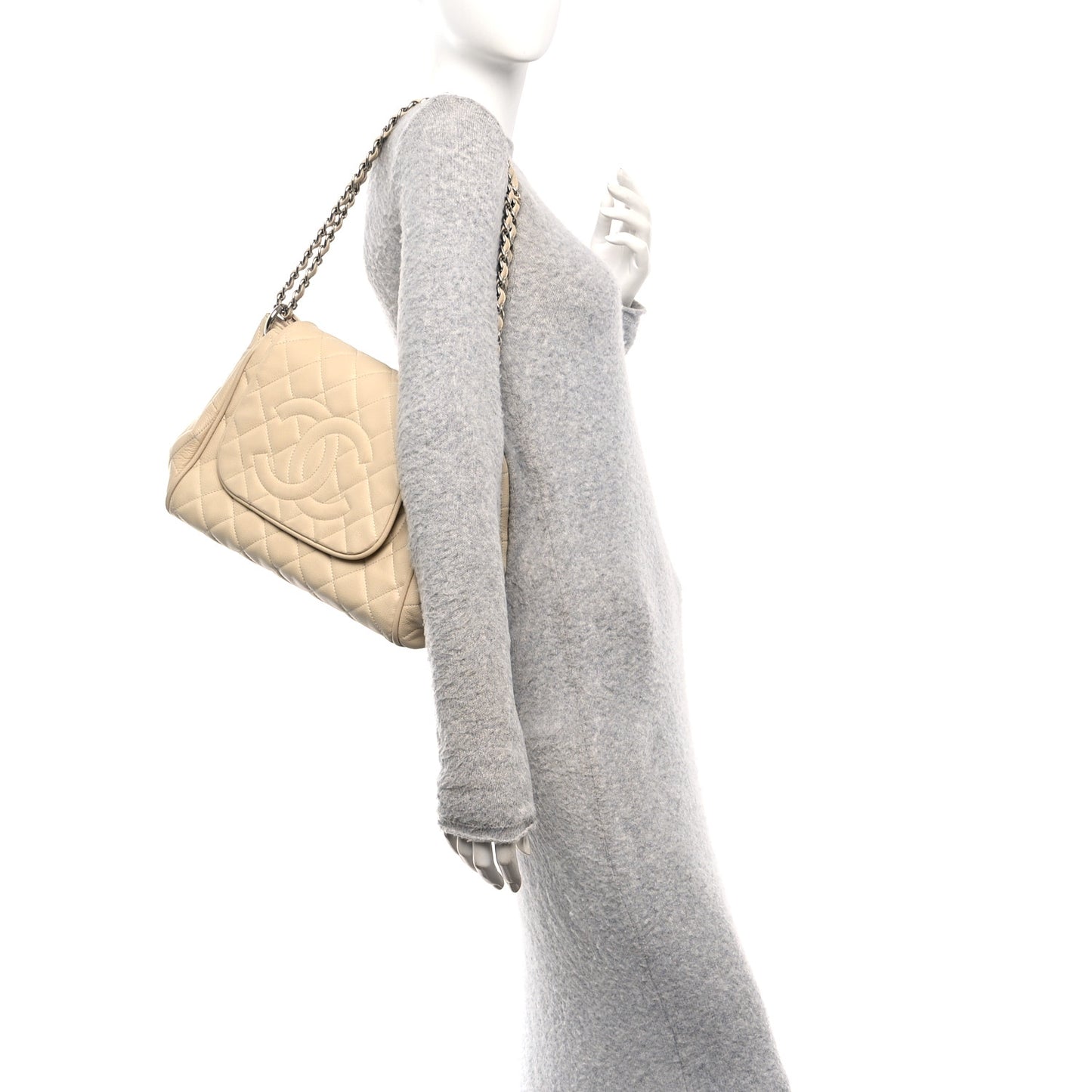 Caviar Quilted Timeless Accordion Flap Light Beige