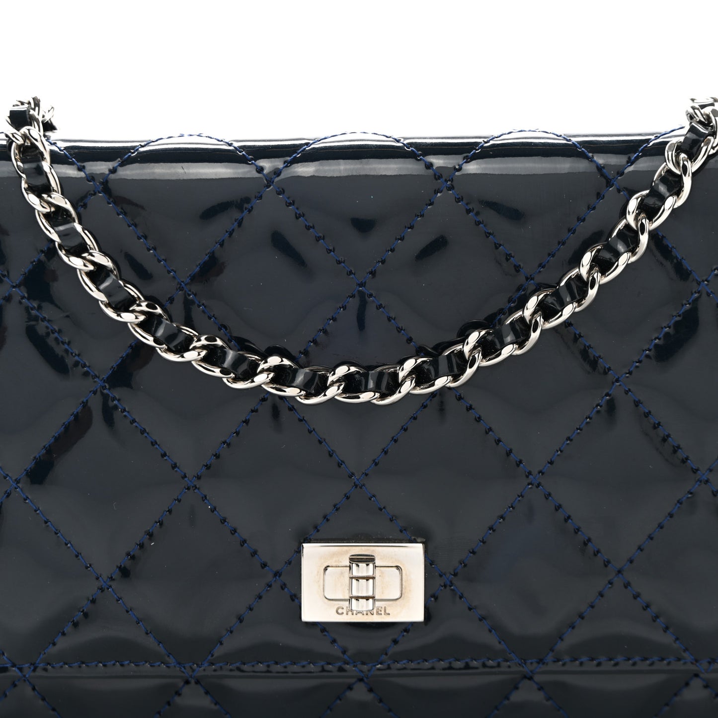 Patent Calfskin Quilted Reissue Wallet On Chain WOC Dark Navy Blue