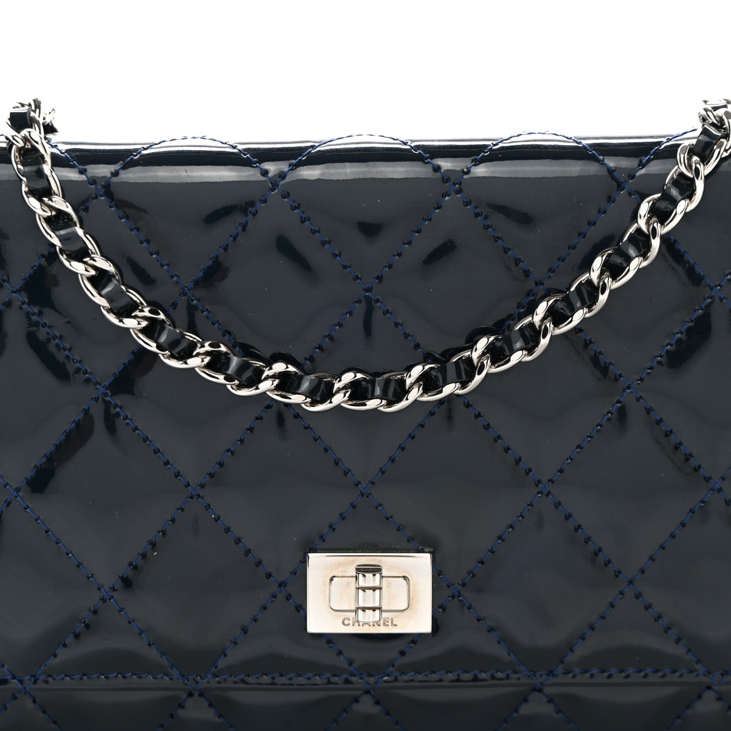 Chanel Patent Calfskin Quilted Reissue Wallet On Chain WOC Dark Navy Blue 10 of 13