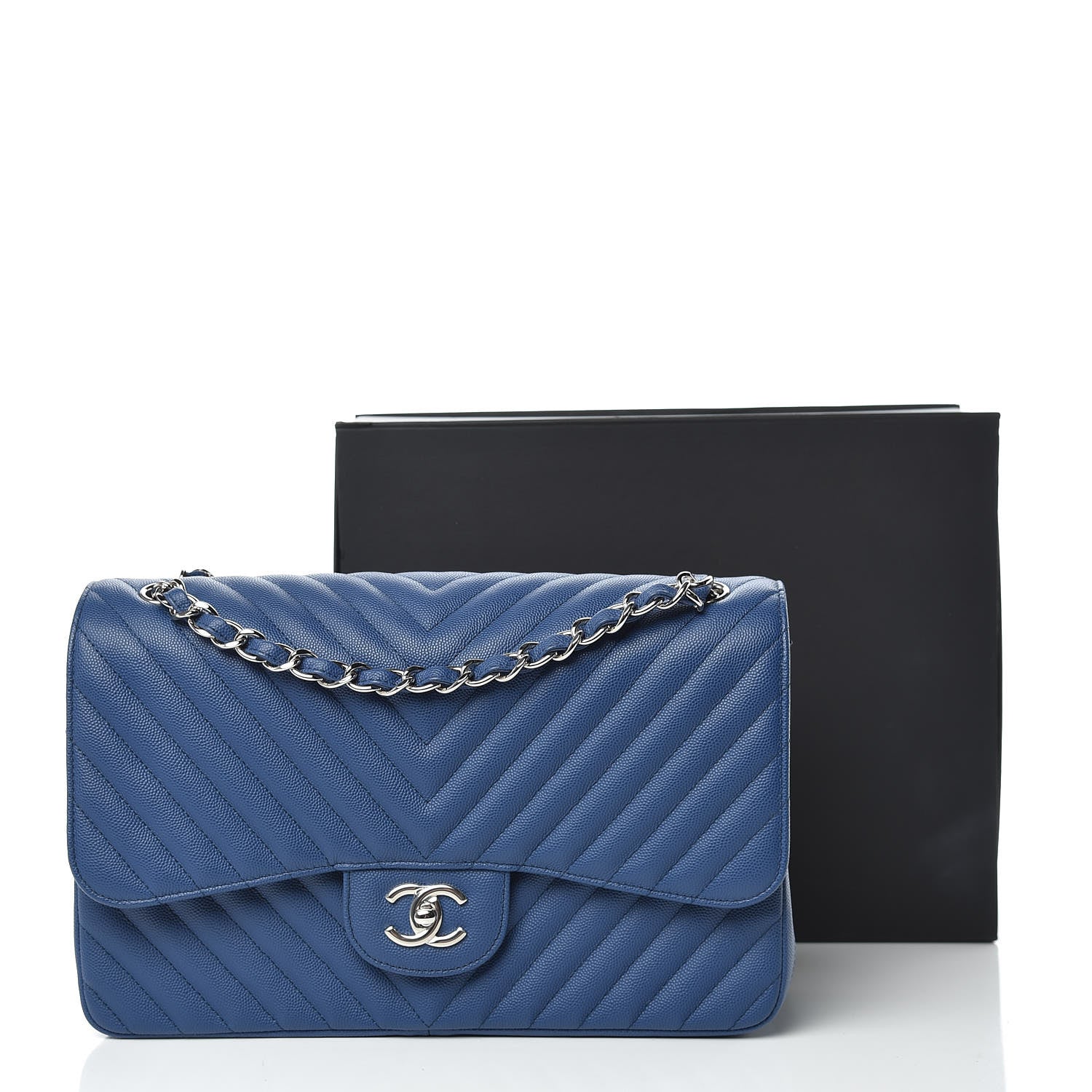 Chanel Caviar Chevron Quilted Jumbo Double Flap Blue 14 of 14