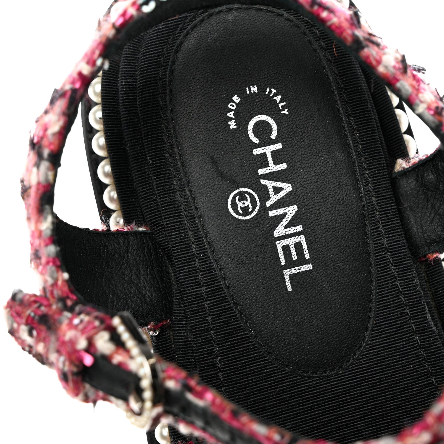 Chanel Tweed Pearl Flat Sandals 37.5 Red Black 9 of 10