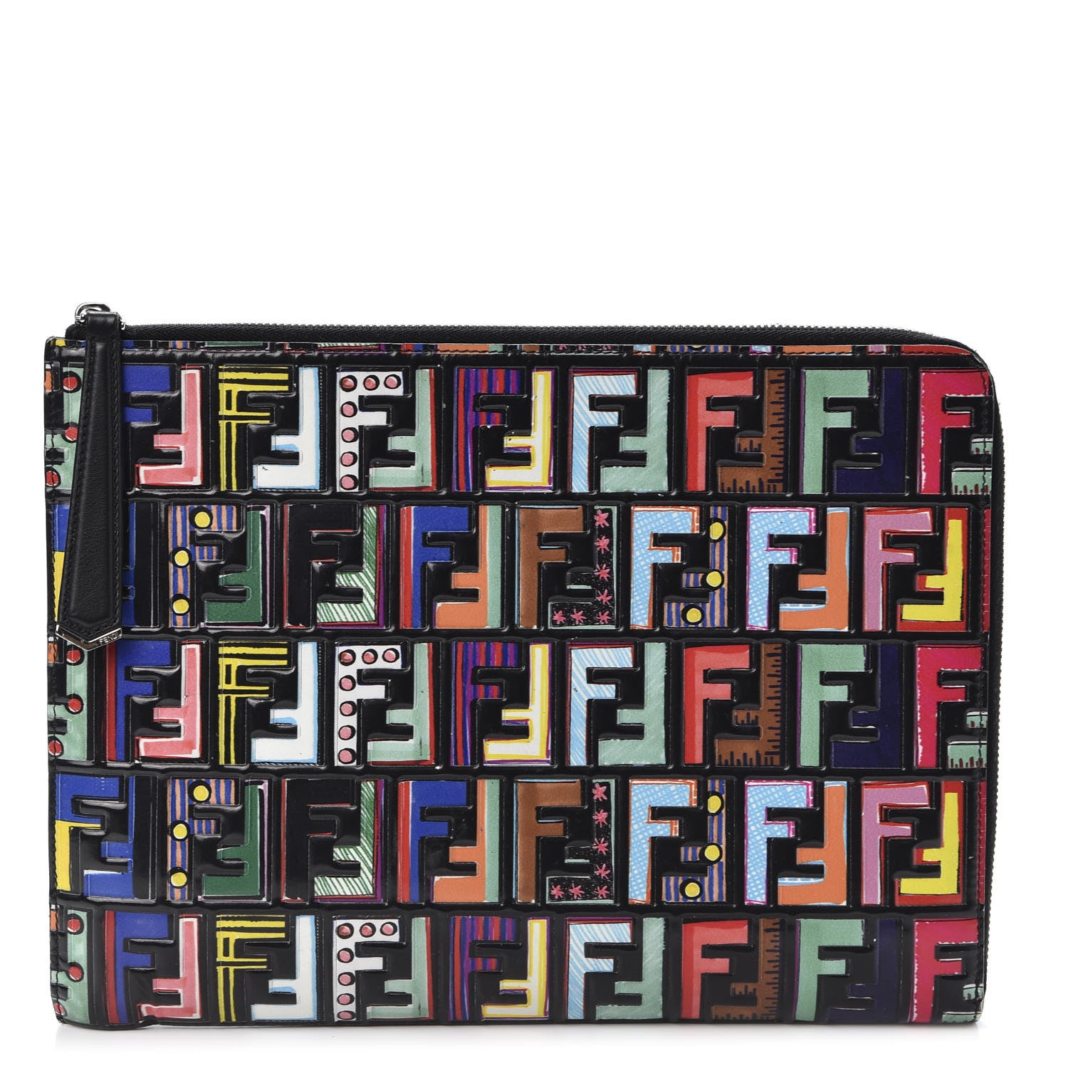 Fendi Vitello Dolce Fun Fair Embossed Zip Around Pouch Black Multicolor 1 of 8