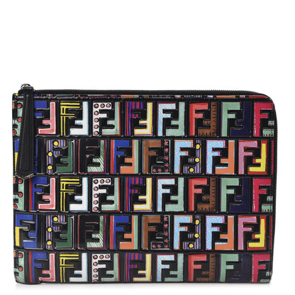 Fendi Vitello Dolce Fun Fair Embossed Zip Around Pouch Black Multicolor 1 of 8