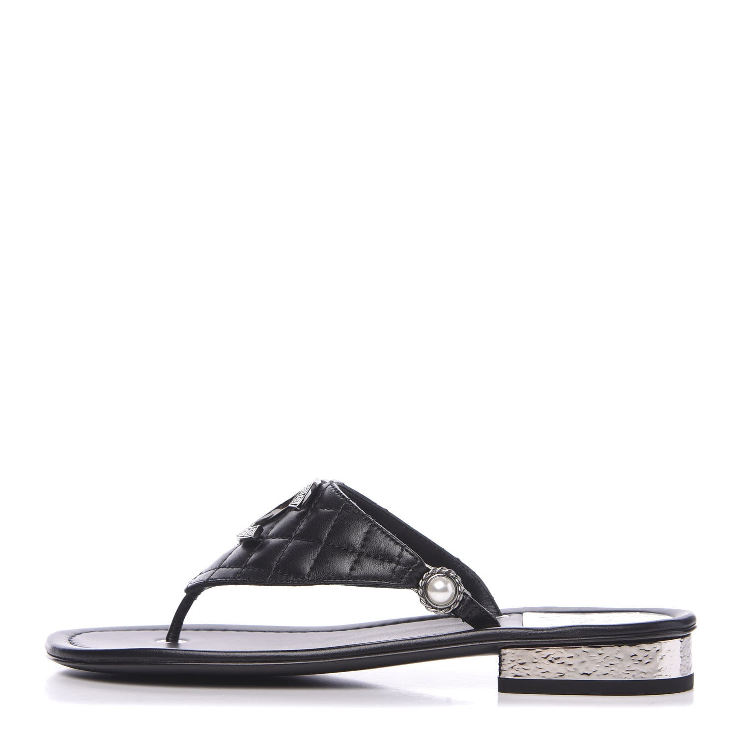 Chanel Lambskin Quilted Pearl CC Logo Thong Sandals 37 Black 1 of 9