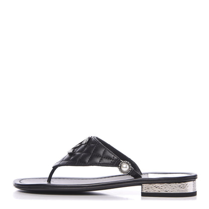 Chanel Lambskin Quilted Pearl CC Logo Thong Sandals 37 Black 1 of 9