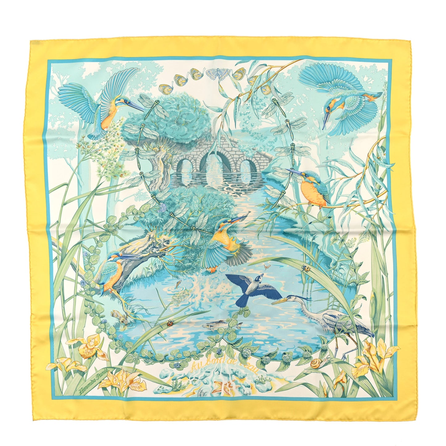 Silk Au Bord de L'Eau Scarf 90 Citron Turquoise Multicolor