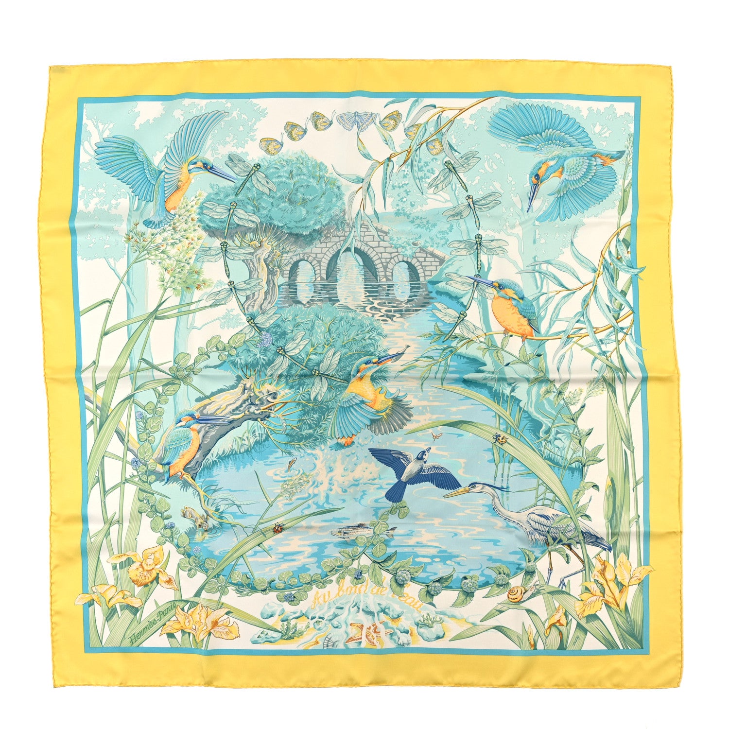Hermes Silk Au Bord de L'Eau Scarf 90 Citron Turquoise Multicolor 1 of 3