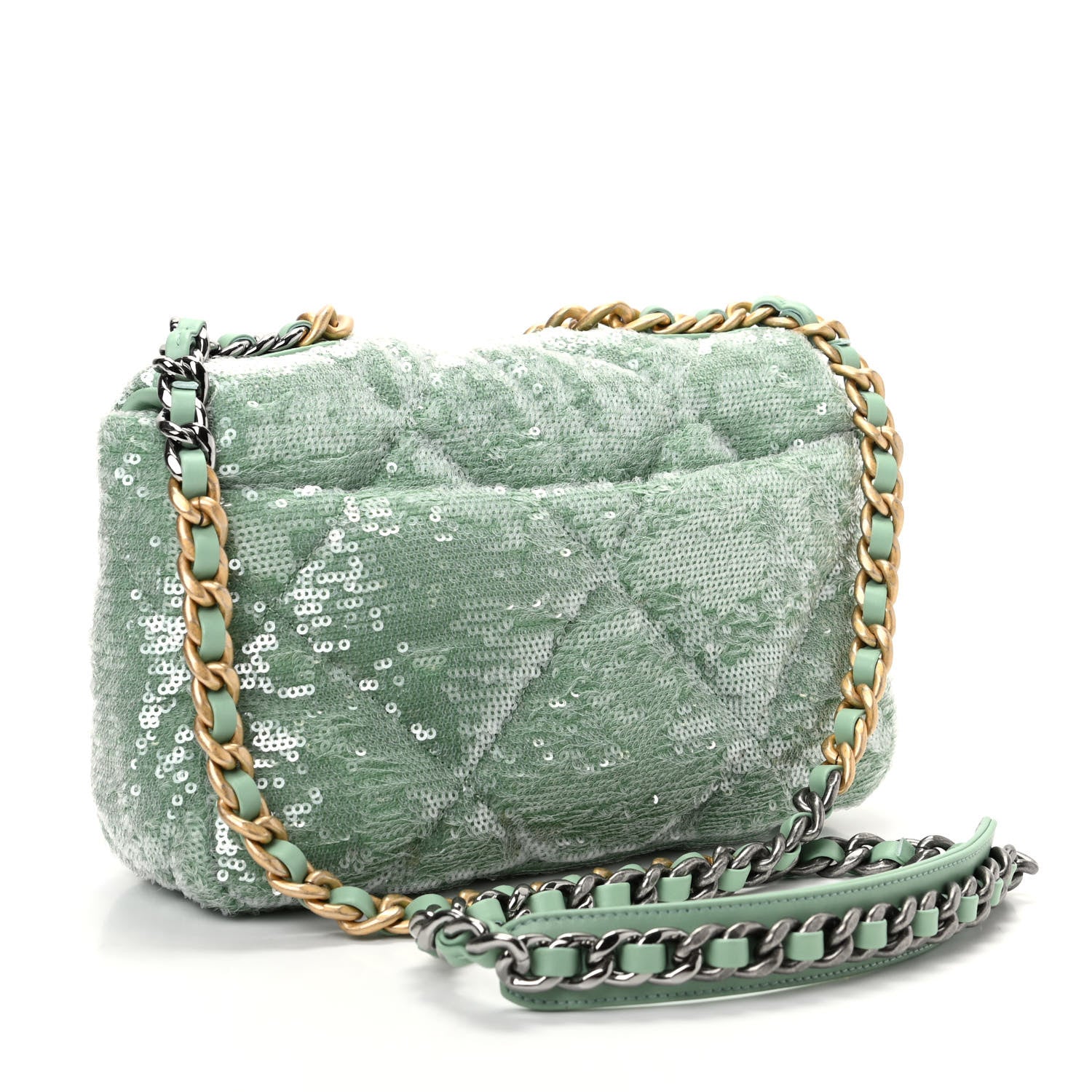 Chanel Sequin Quilted Medium Chanel 19 Flap Light Green 3 of 10