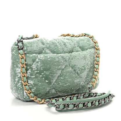 Chanel Sequin Quilted Medium Chanel 19 Flap Light Green 3 of 10