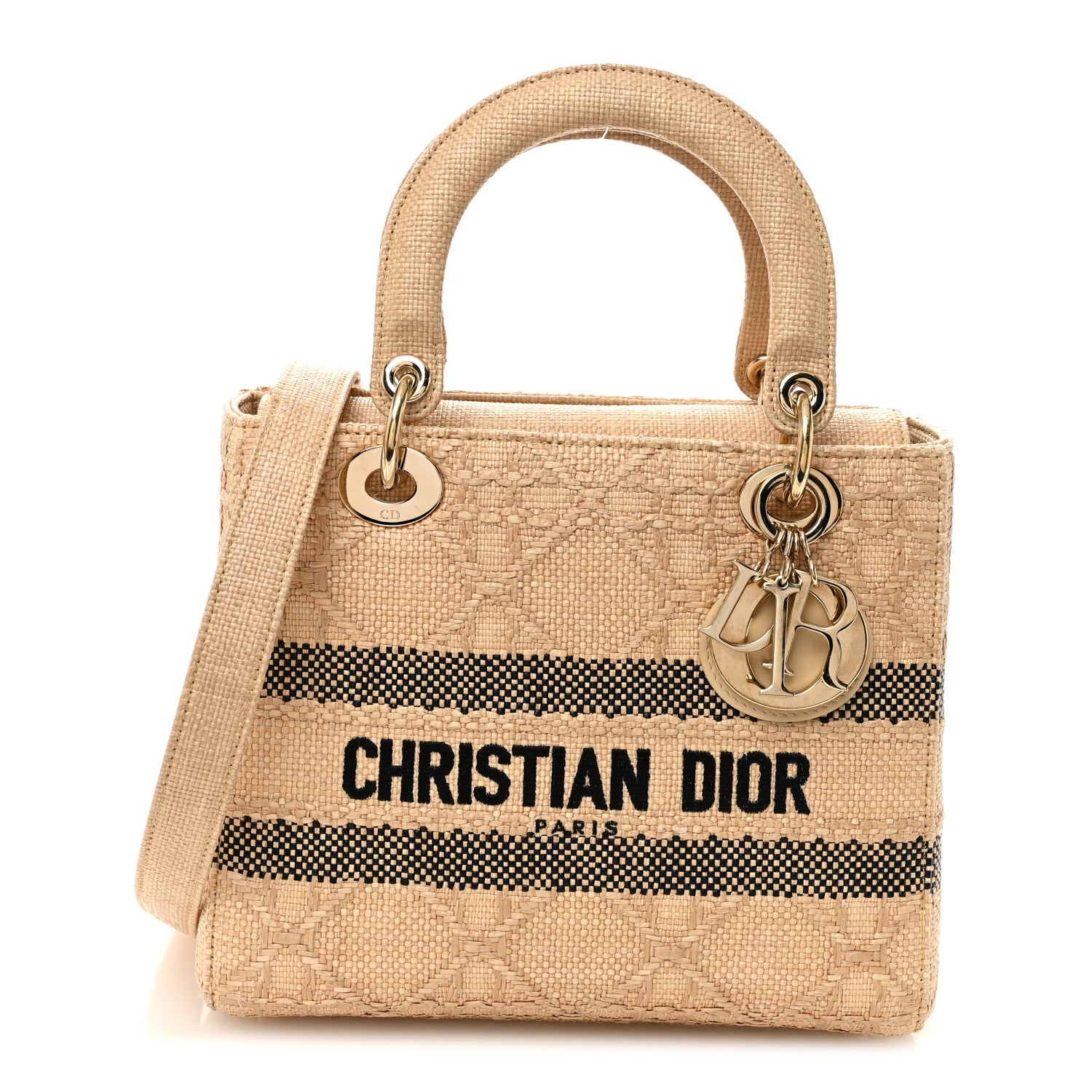 Christian Dior Raffia Woven Cannage Embroidered Medium Lady D-Lite Natural Black 1 of 10