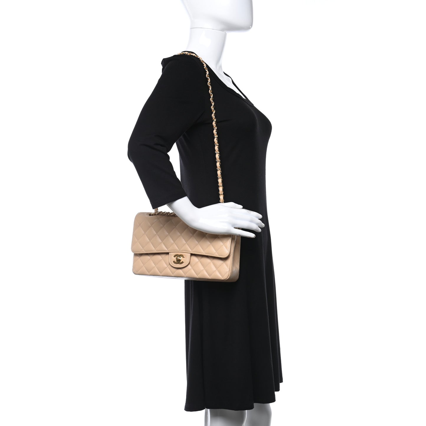 Caviar Quilted Medium Double Flap Beige Clair