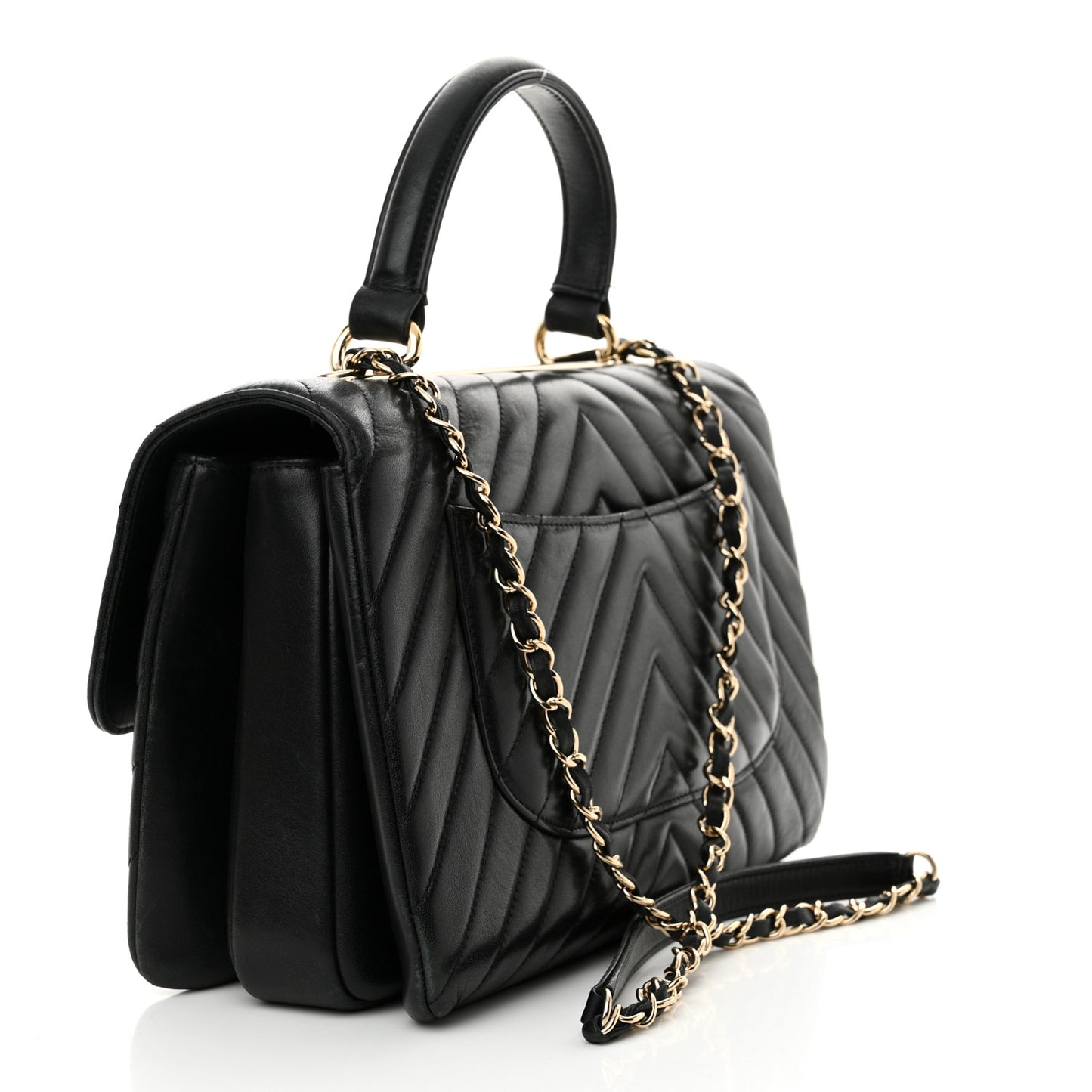 Lambskin Chevron Quilted Medium Trendy CC Dual Handle Flap Bag Black
