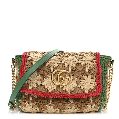 Gucci Raffia Azalea Calfskin Crochet Flower Small GG Marmont Shoulder Bag Natural Ecru Green Red New Shamarock 1 of 10
