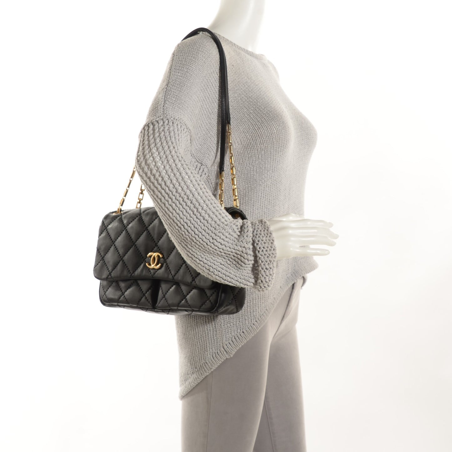 Calfskin Quilted Large Retro Chain Flap Black