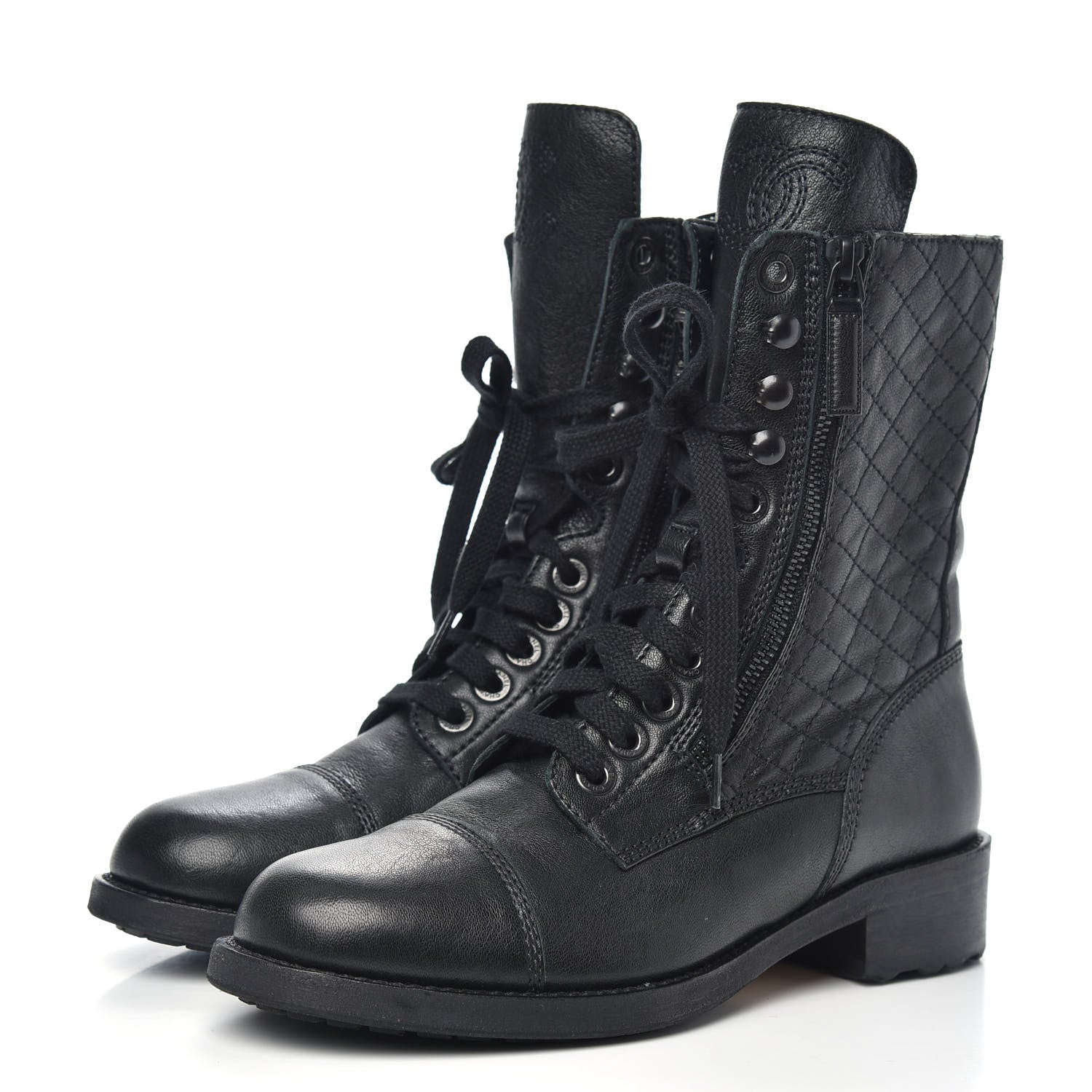 Chanel Calfskin Quilted Lace Up Combat Boots 37.5 Black 3 of 8