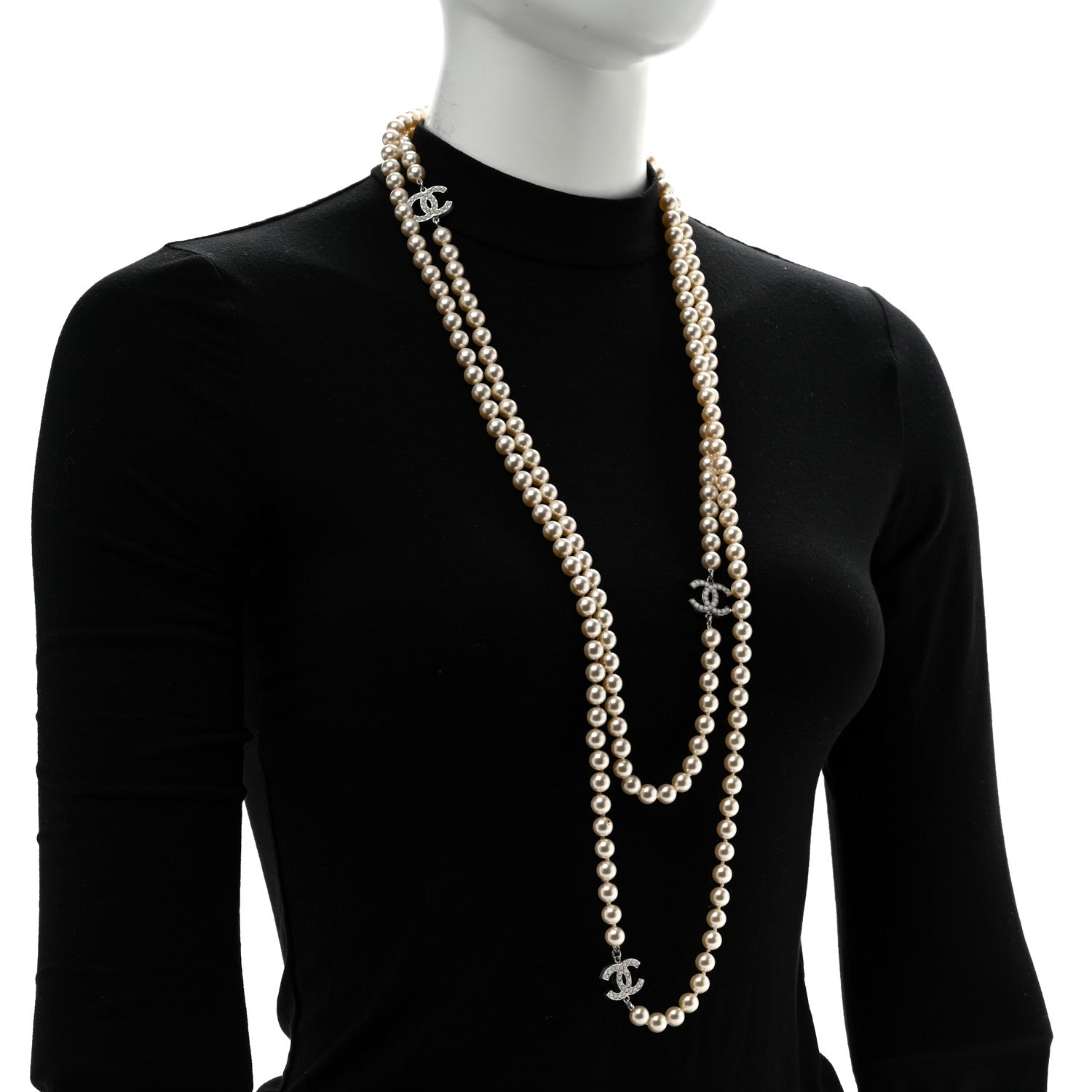 Chanel Graduated Pearl CC Long Necklace Silver 2 of 7