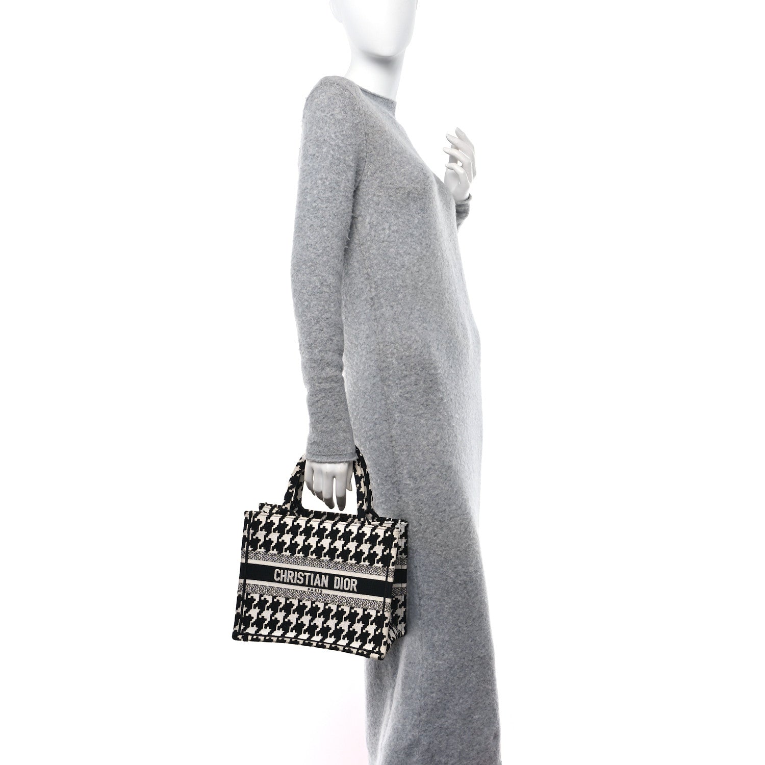 Christian Dior CHRISTIAN DIOR Canvas Houndstooth Embroidered Small Book Tote Black White 3 of 11