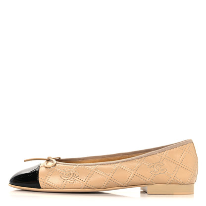 Chanel Lambskin Patent Double Stitched CC Cap Toe Ballerina Flats 39.5 Beige Black 1 of 10