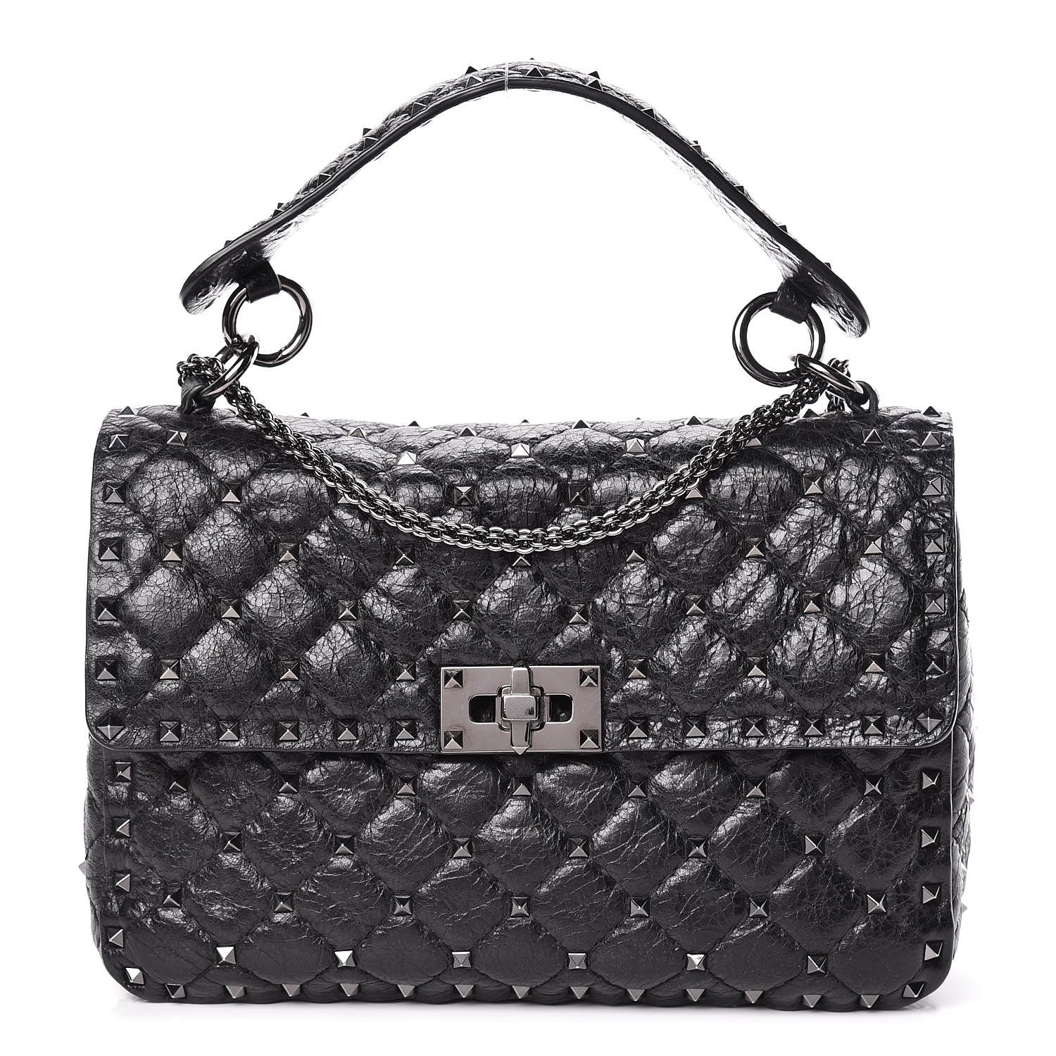 Valentino Garavani Craquele Nappa Medium Rockstud Spike Shoulder Bag Black 1 of 11