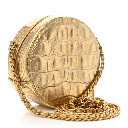 Chanel Metallic Calfskin Crocodile Embossed Cocodile Round Clutch with Chain Gold 5 of 18