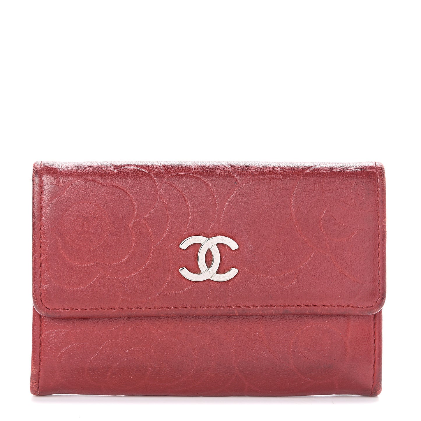 Lambskin Camellia Embossed Flap Card Holder Red