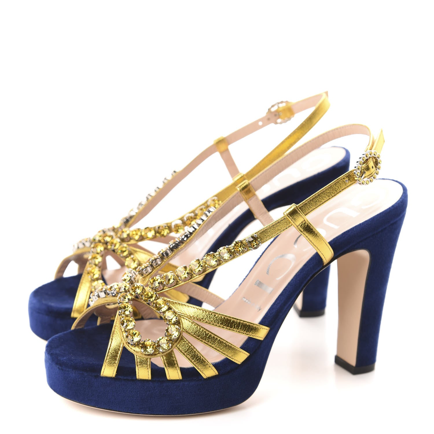 Gucci Velvet Nappa Crystal Zephyra Slingback Platform High Heel Sandals 38.5 Blue Gold 3 of 9