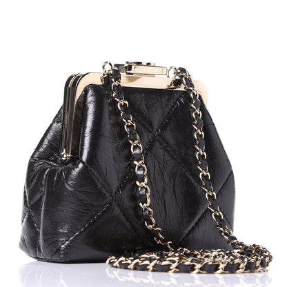 Chanel Shiny Aged Lambskin Quilted Kiss Lock Clutch With Chain Black 2 of 4