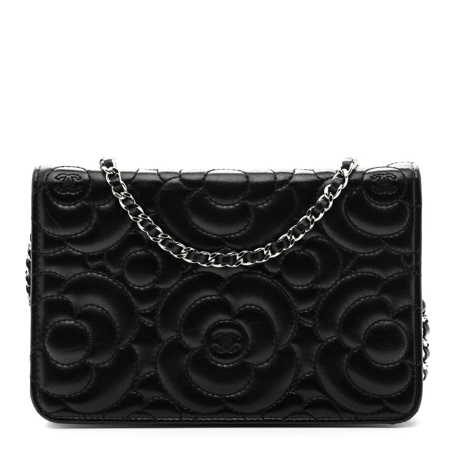 Chanel Lambskin Camellia Quilted Wallet On Chain WOC Black 1 of 11