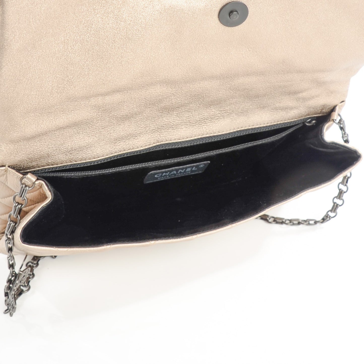 Metallic Lambskin Quilted Clutch w Butterfly Chain Gold