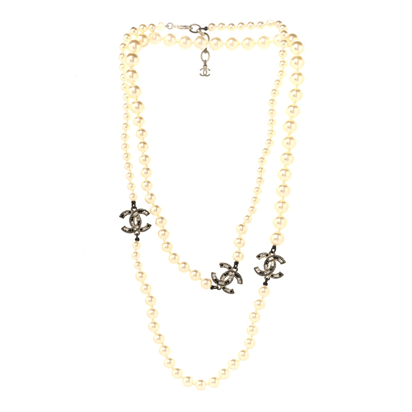 Graduated Pearl Crystal CC Long Necklace Gold Black
