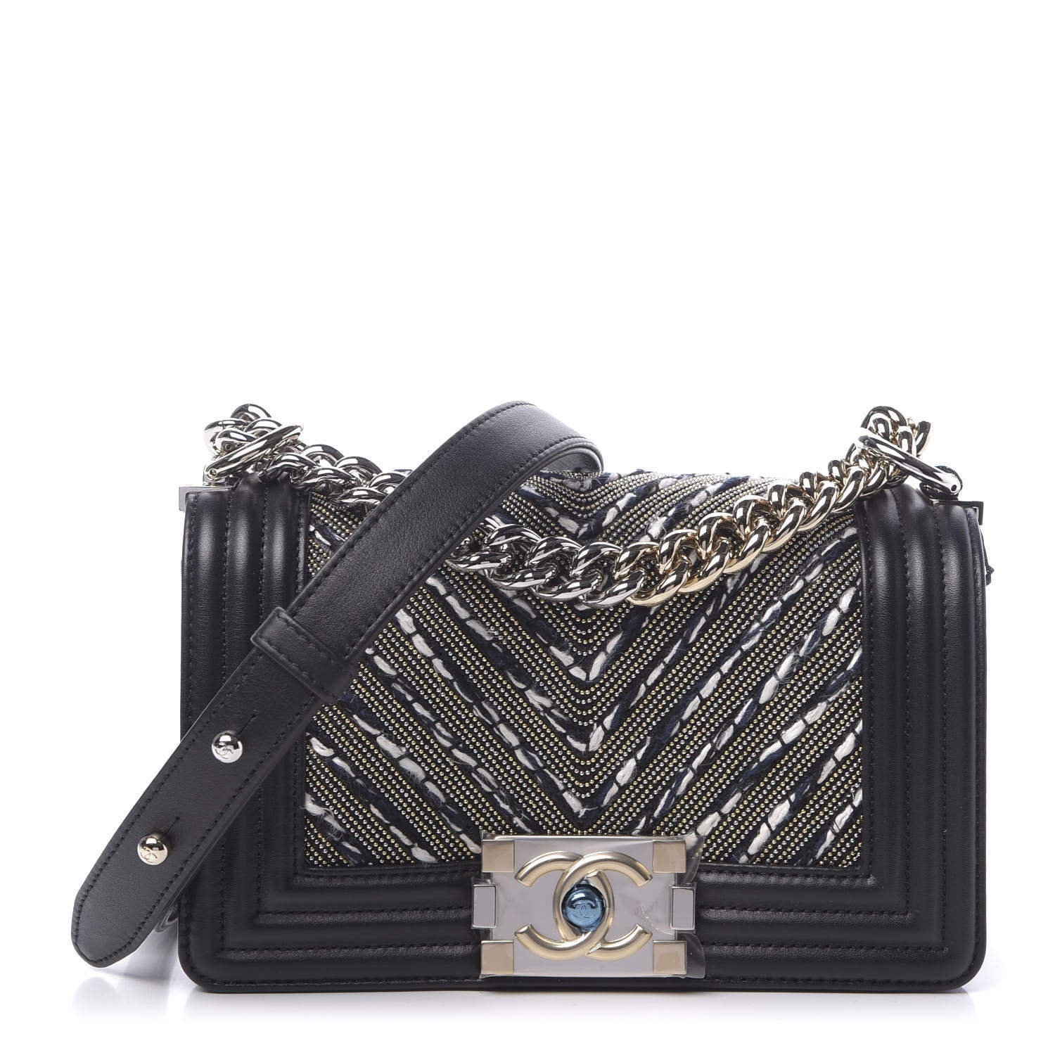 Chanel Calfskin Tweed Chain Chevron Small Boy Flap Black 1 of 11