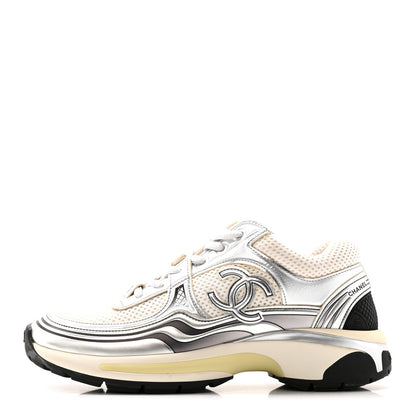 Chanel Fabric Laminated Calfskin Stretch CC Womens Sneakers 36 White Silver 1 of 12