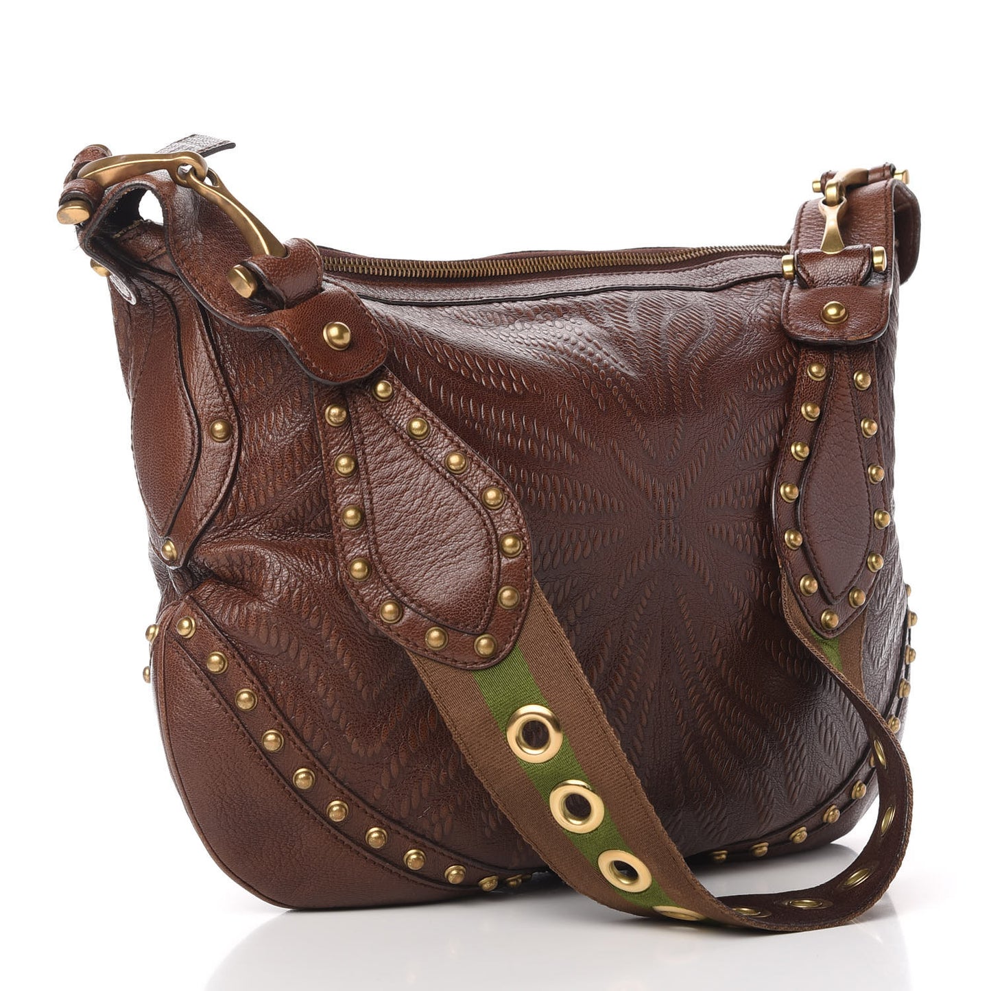 Calfskin Embossed Studded Pelham Messenger Bag Dark Brown