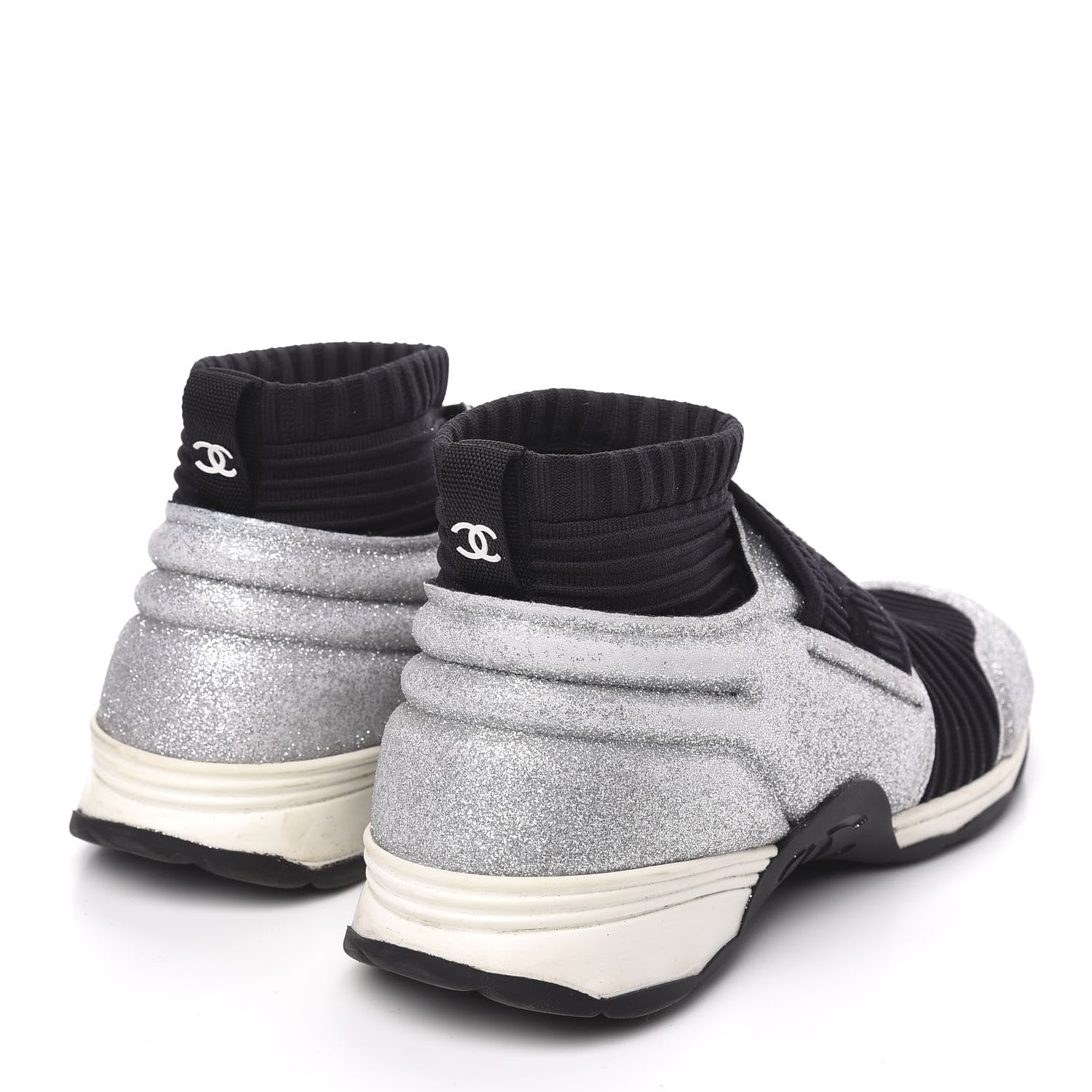 Chanel Glitter Stretch Fabric CC Sneakers 39 Black Silver 4 of 8