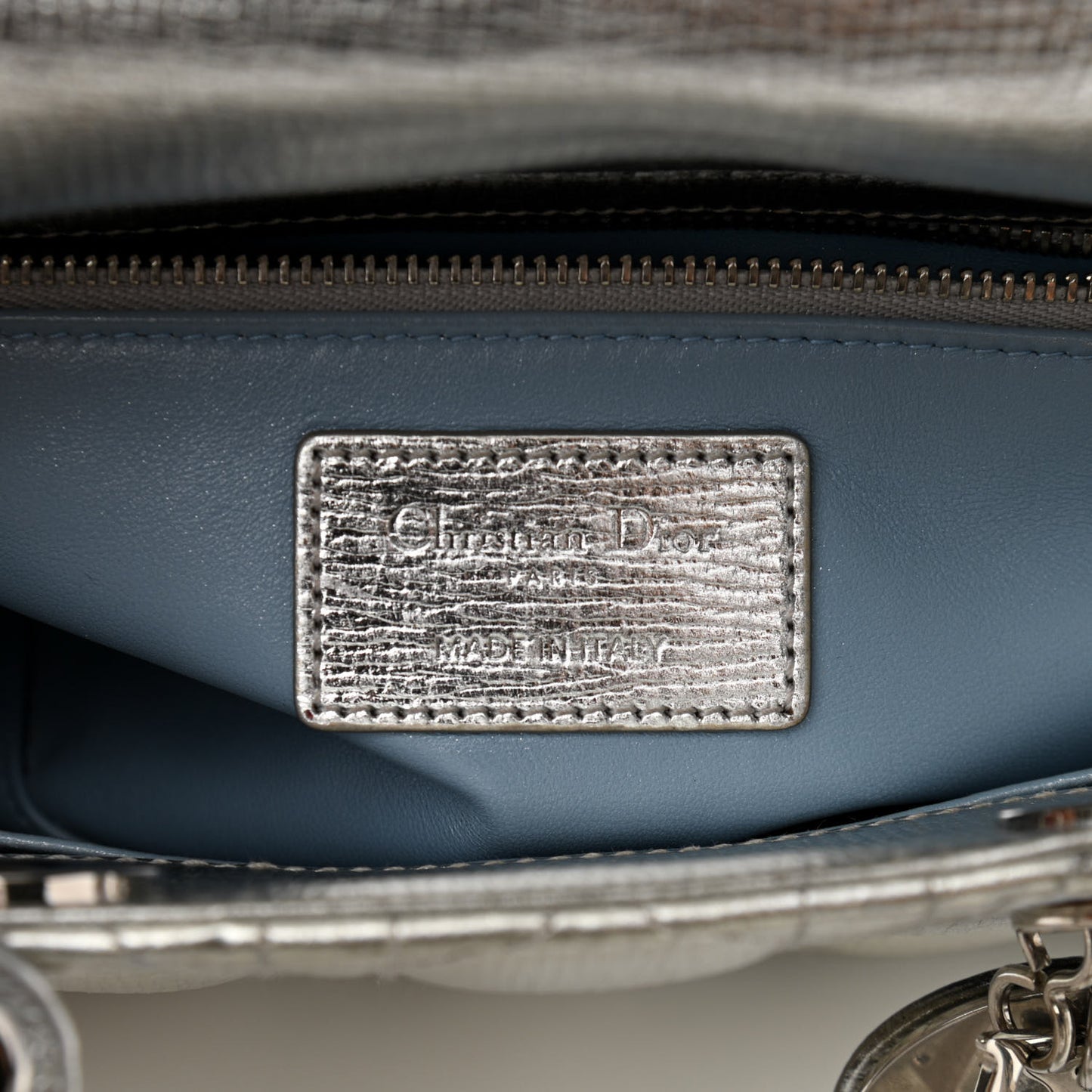 Metallic Grained Calfskin Cannage Small Lucky Badges My Lady Dior Silver