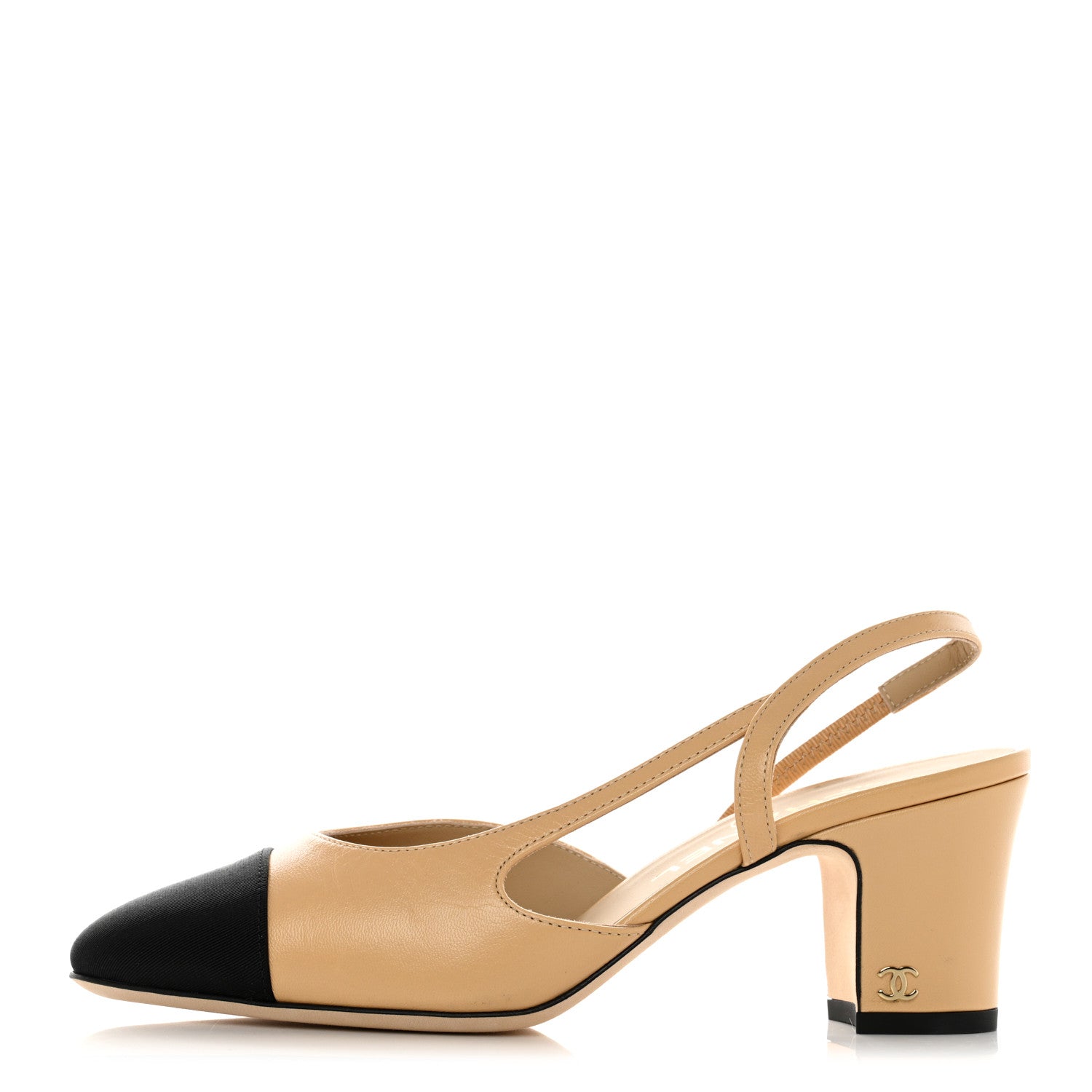 product image of CHANEL Goatskin Grosgrain Cap Toe CC Slingback Pumps 36.5 Beige Black FASHIONPHILE