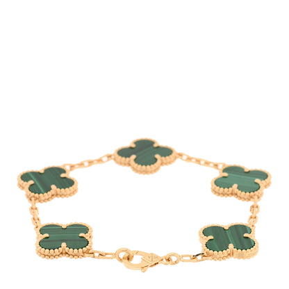Van Cleef & Arpels 18K Yellow Gold Malachite 5 Motifs Vintage Alhambra Bracelet 2 of 4
