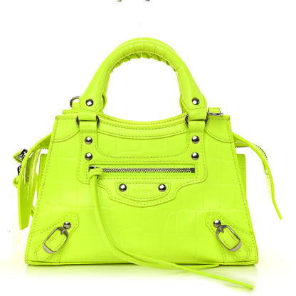 Balenciaga Semi Shiny Calfskin Crocodile Embossed Neo Classic Silver Hardware Mini City Fluo Yellow 1 of 10