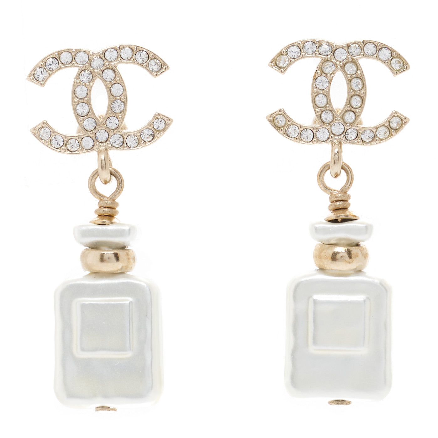 Pearl Resin Crystal CC Perfume Bottle Drop Earrings Gold Pearly White