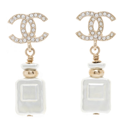 Chanel Pearl Resin Crystal CC Perfume Bottle Drop Earrings Gold Pearly White 1 of 5